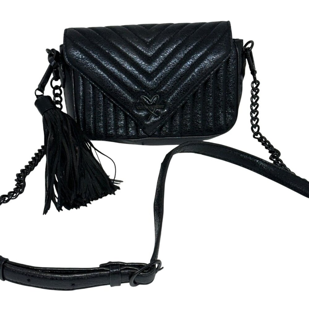 Victoria’s Secret Black Quilted Chevron Crossbody Bag Chain Strap Tassel‎ 7"x6"